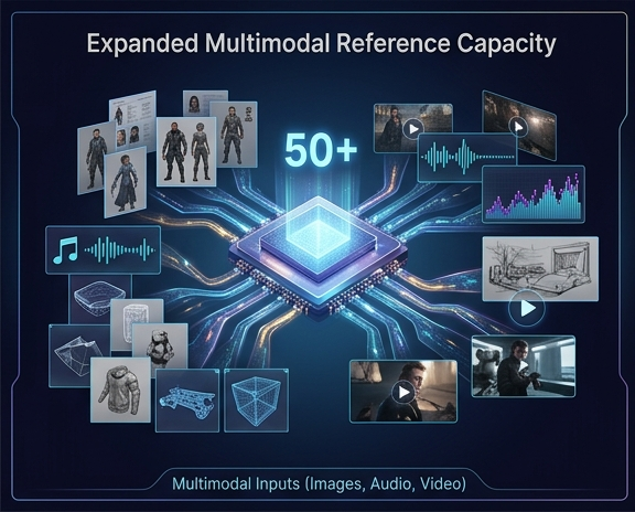 最大50の同時参照アセットをサポートするSeedance 2.5の拡張されたマルチモーダル参照容量を紹介する図