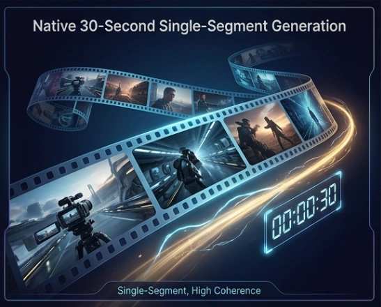 連続するフローと結合されたシーケンスを比較する、ネイティブ30秒単一セグメント動画生成の視覚的表現