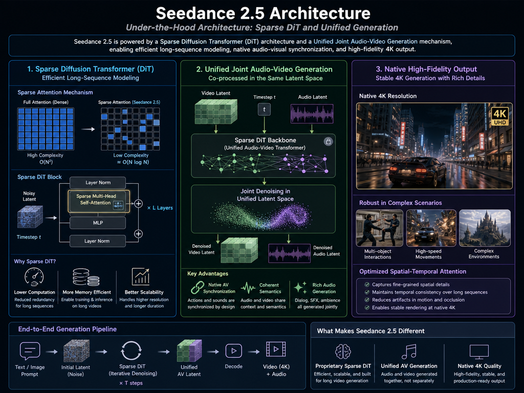 Sparse Diffusion Transformer (DiT) と統合オーディオ・動画生成をフィーチャーしたSeedance 2.5の技術アーキテクチャのブロック図概要